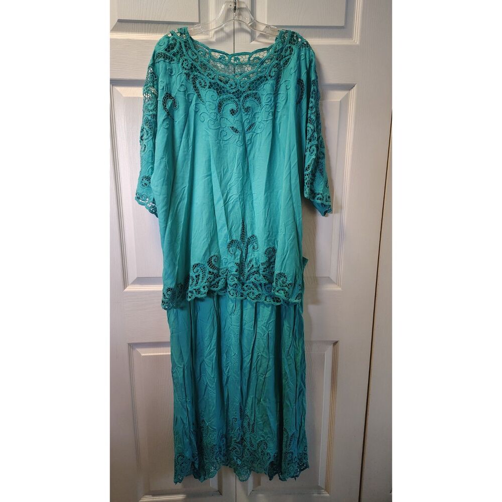 Vintage Bali Emerald 2-Piece Skirt & Top Set | Teal Rayon Cutwork Lace Boho – 2X